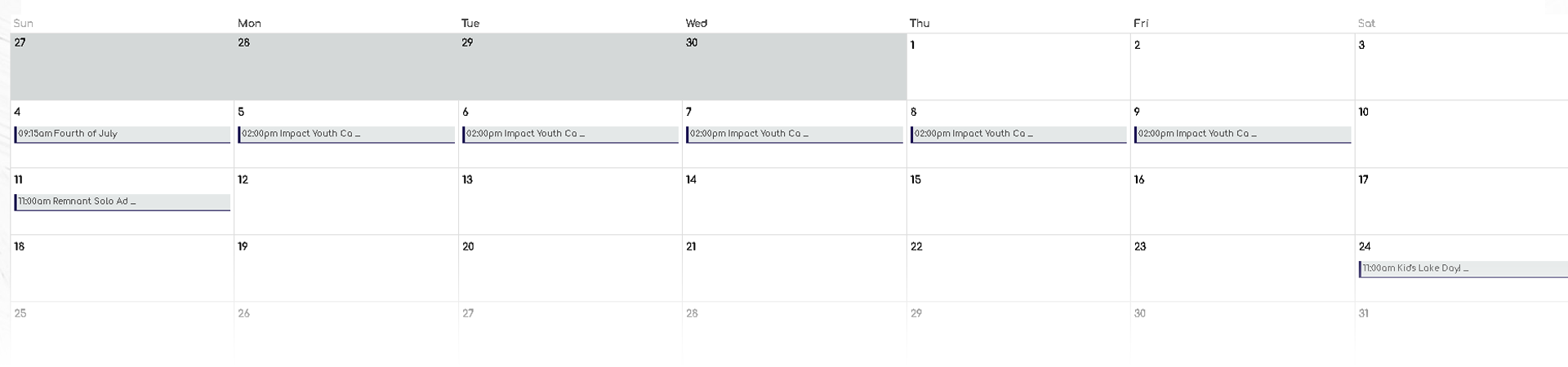 calendar showing upcoming events